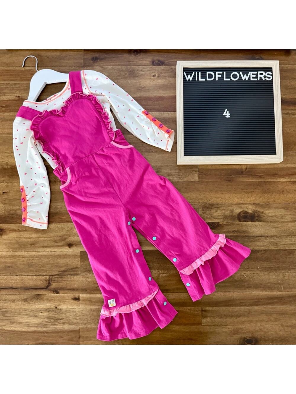 Wildflowers Girls First Love Pink Ruffled Overalls with Cream Heart Top Set 4